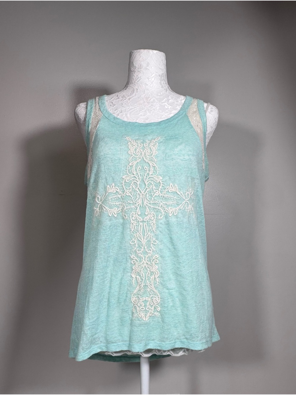 Aqua Lace-Front Cross Tank Top